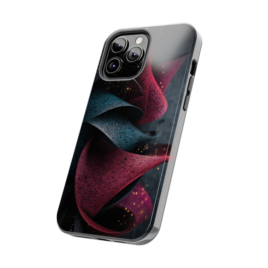 The case resembles sculptural fabric frozen mid-motion, creating a dynamic visual flow.