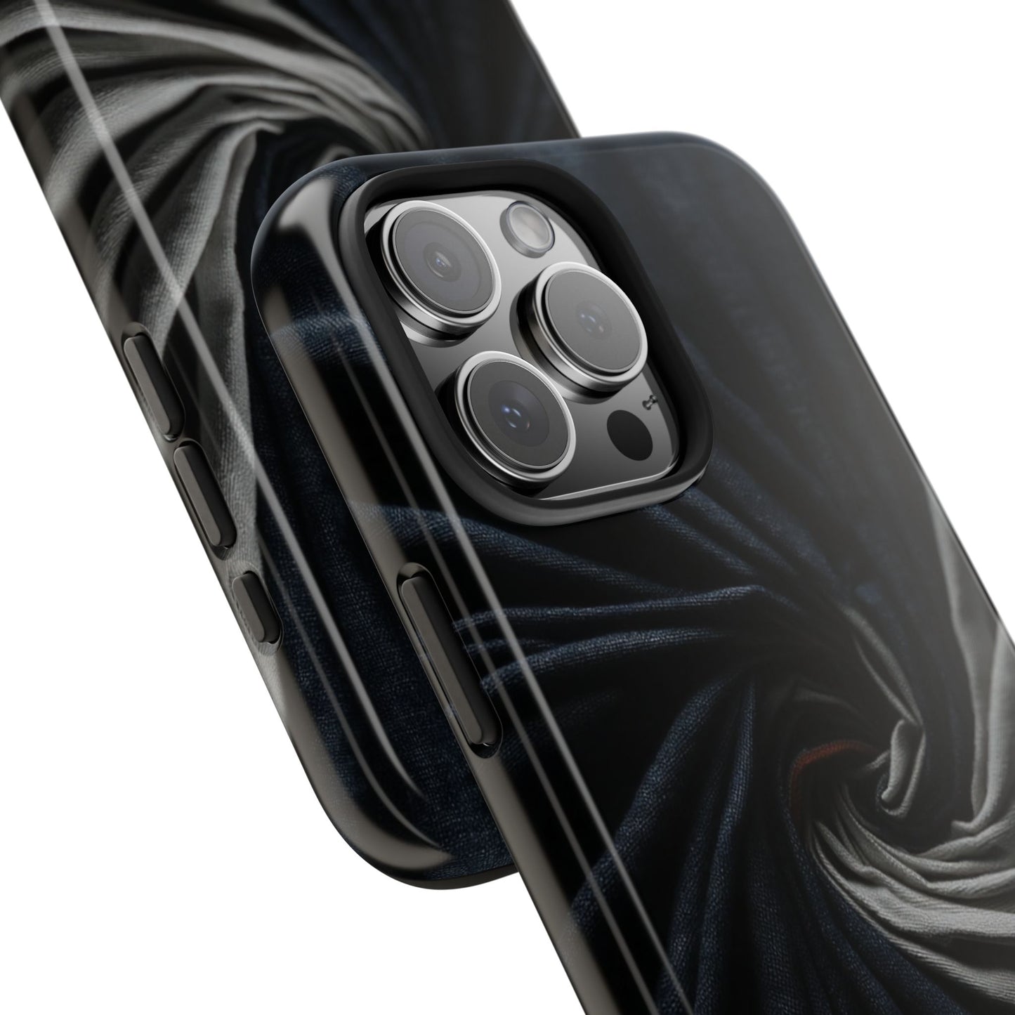 Velvet Spiral Tough Phone Case – Twisting Fabric Abstract in Black & Silver - Artistic Vision