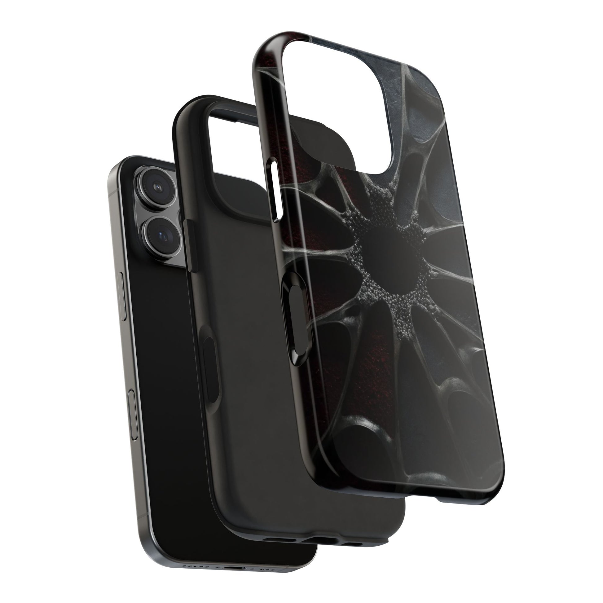 Iron Bloom Tough Phone Case – Black Metallic Flowerburst on Red Texture - Artistic Vision
