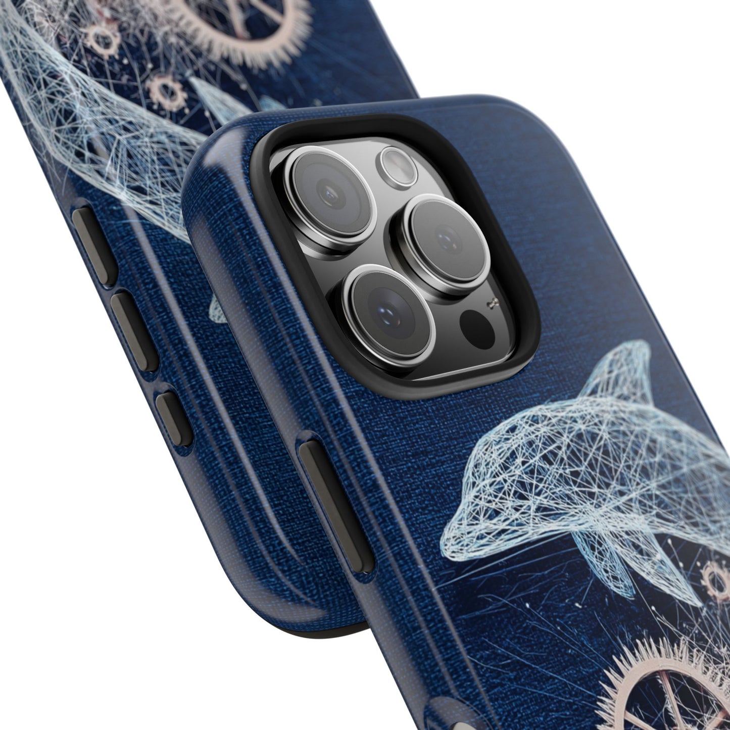 Dolphin and Gears Wireframe Phone Case – Nautical Steampunk Fusion Design - Artistic Vision