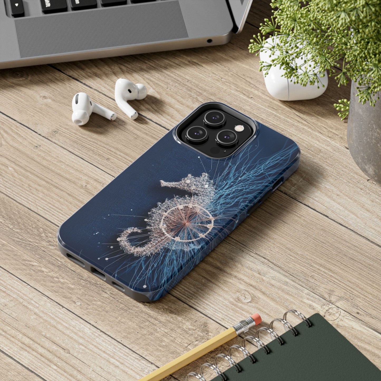 Seahorse Wheel Wireframe Phone Case – Nautical Design with Mechanical Motion - Artistic Vision