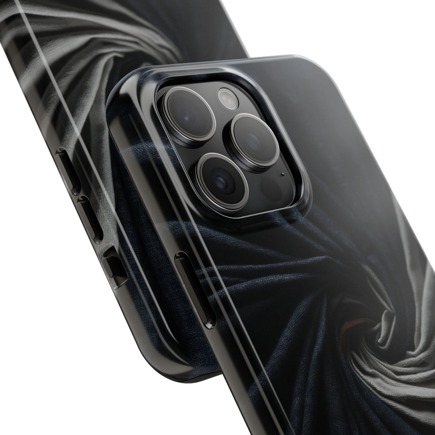 Velvet Spiral Tough Phone Case – Twisting Fabric Abstract in Black & Silver - Artistic Vision