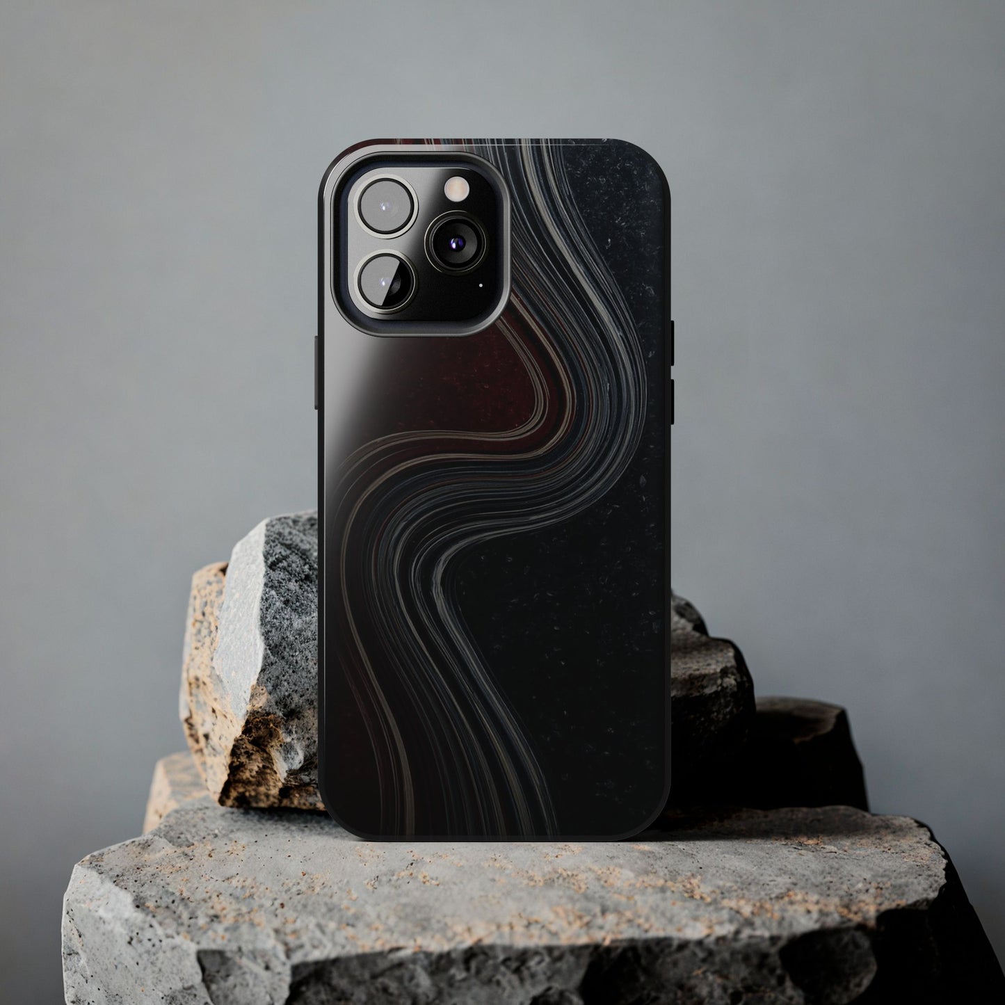 Crimson Current Tough Phone Case – Wavy Metallic Streamlines on Red Base - Artistic Vision