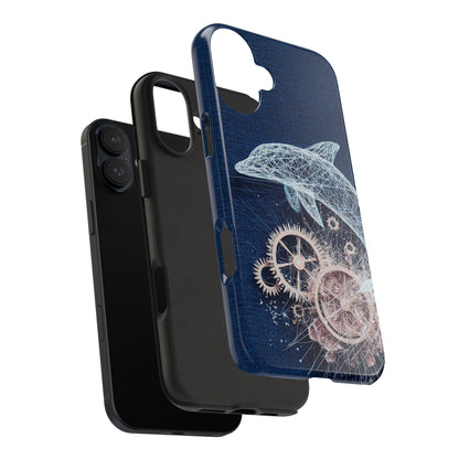 Dolphin and Gears Wireframe Phone Case – Nautical Steampunk Fusion Design - Artistic Vision