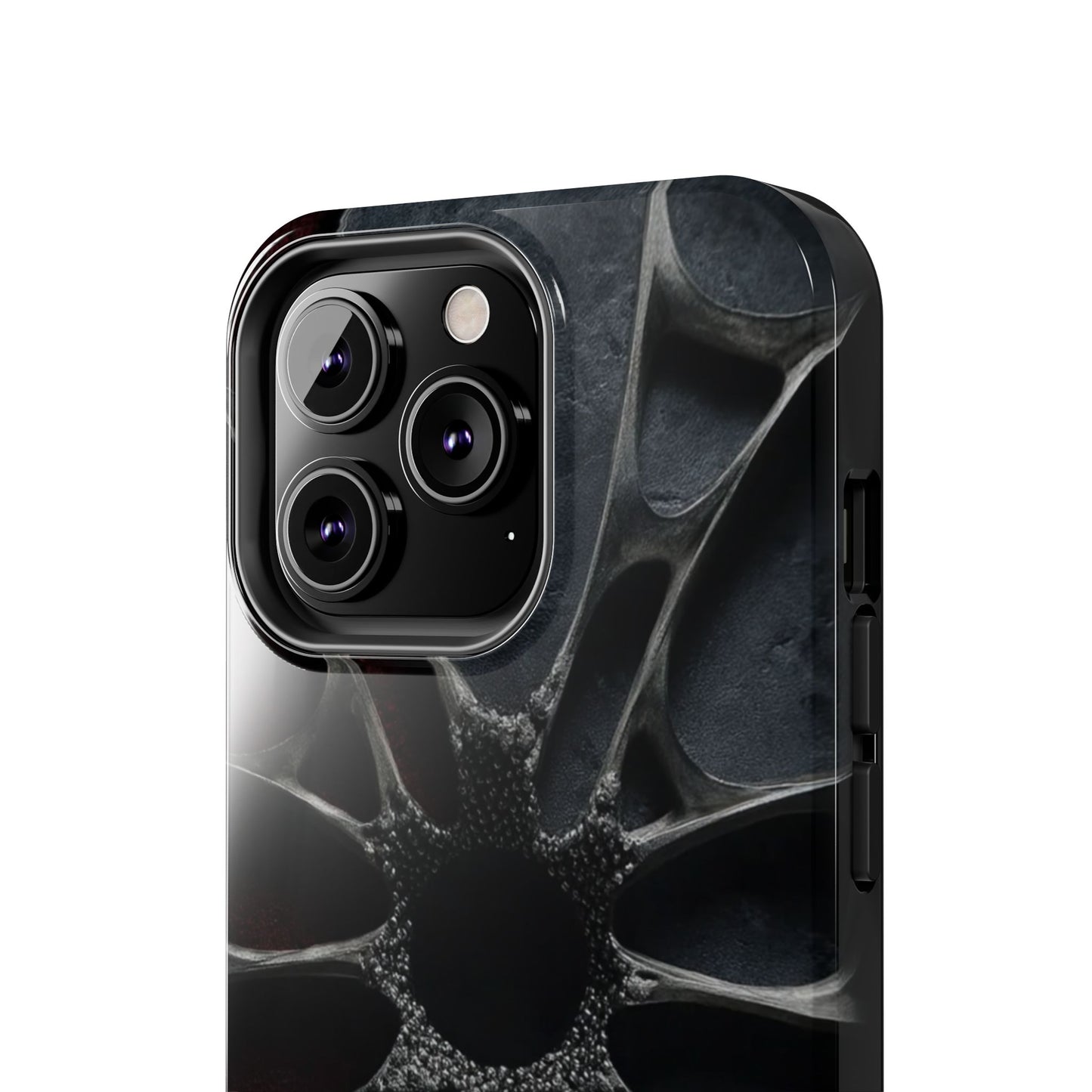 Iron Bloom Tough Phone Case – Black Metallic Flowerburst on Red Texture - Artistic Vision