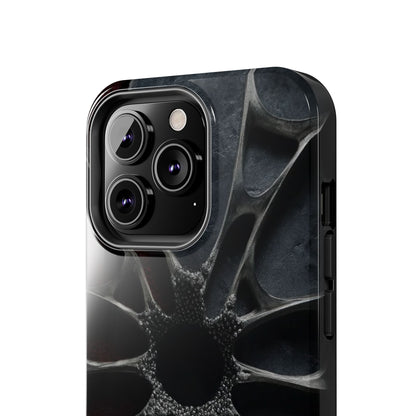 Iron Bloom Tough Phone Case – Black Metallic Flowerburst on Red Texture - Artistic Vision