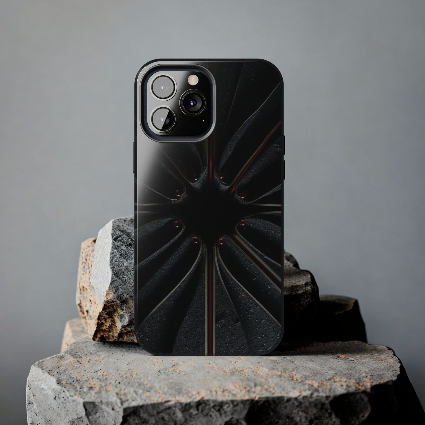 Blade Bloom Tough Phone Case – Black Petal Geometry with Metallic Edges - Artistic Vision