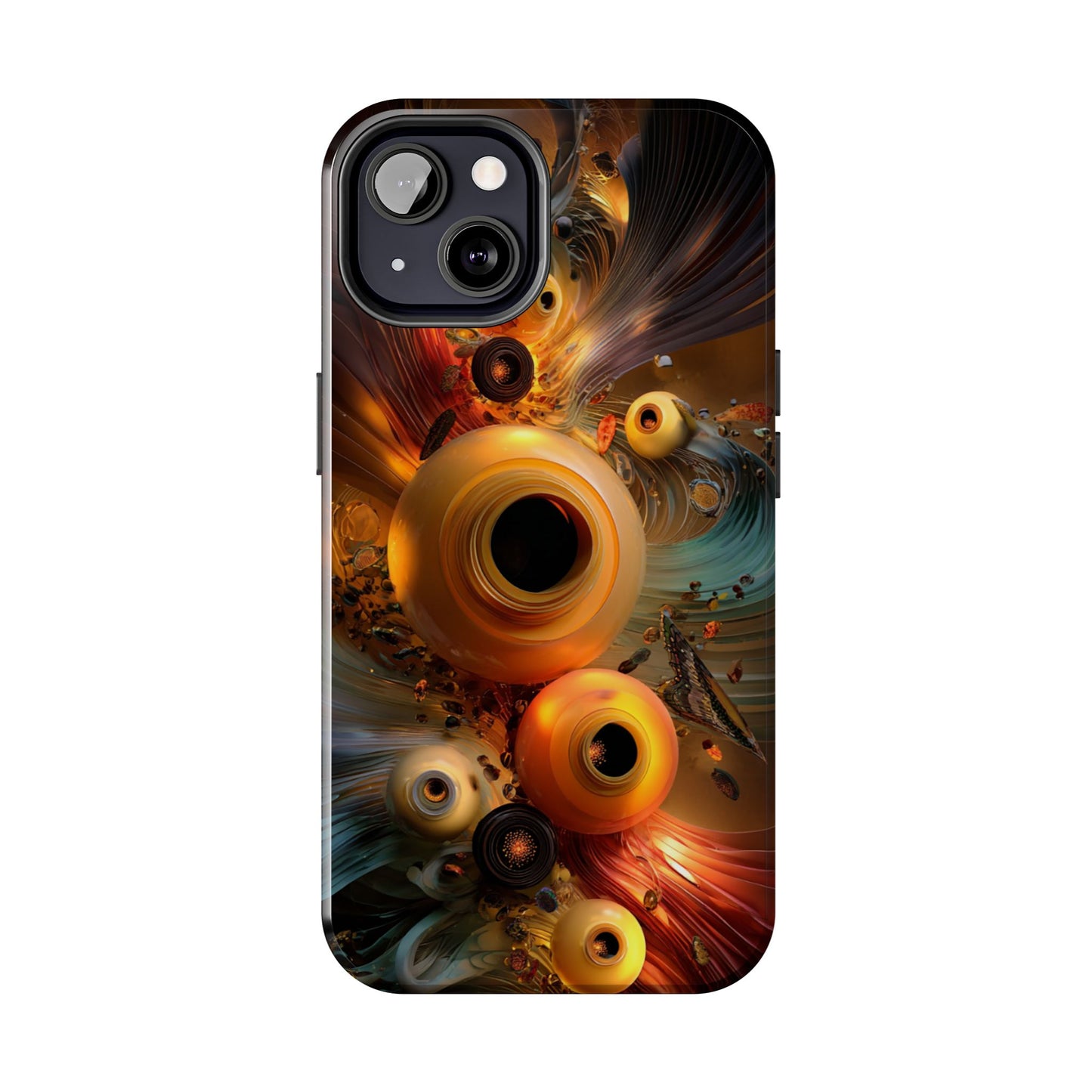 The central orbs resemble mechanical eyes or radiant seeds within abstract floral mechanics.