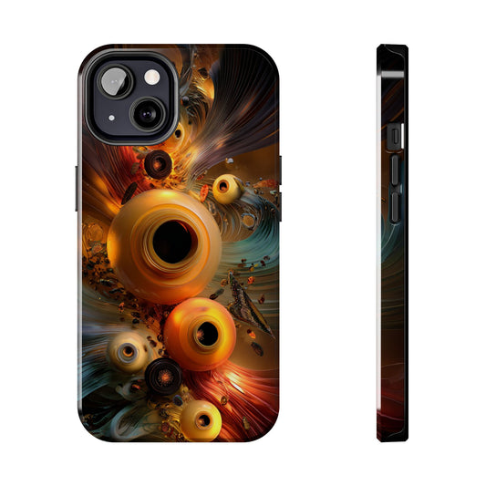 This phone case features a swirling mechanical bloom with glowing orange orbs and dynamic vortex-like forms.