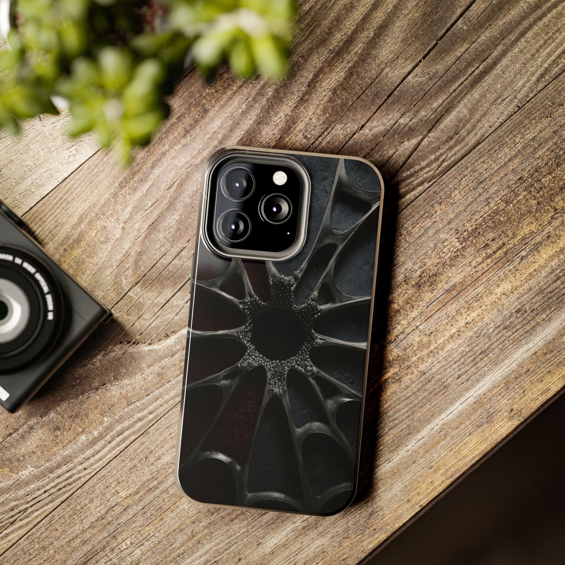 Iron Bloom Tough Phone Case – Black Metallic Flowerburst on Red Texture - Artistic Vision