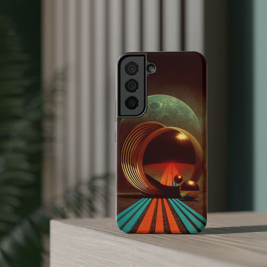 Lunar Echo (Golden Rings and Striped Cosmic Landscape with Moon Backdrop) - Artistic Impact-Resistant Phone Case - Artistic Vision