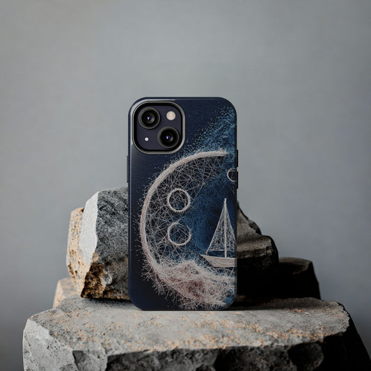 Sailboat & Moon Wireframe Phone Case – Nautical Night Voyage Design - Artistic Vision
