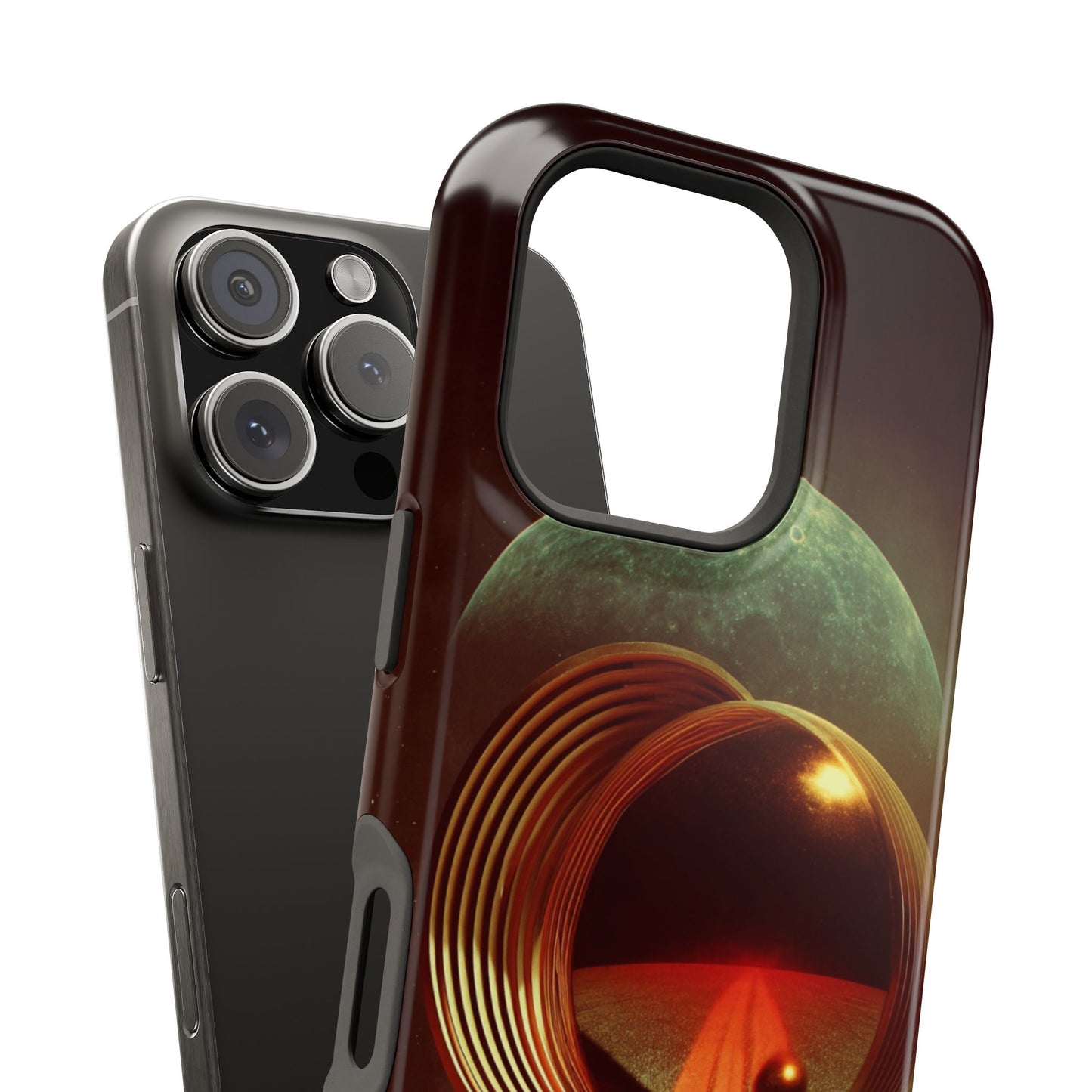 Lunar Echo (Golden Rings and Striped Cosmic Landscape with Moon Backdrop) - Artistic Impact-Resistant Phone Case - Artistic Vision