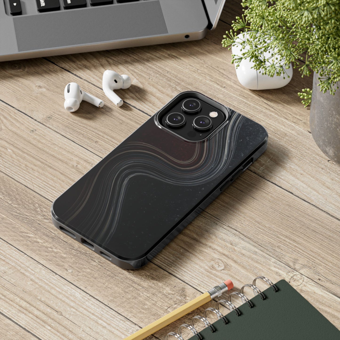 Crimson Current Tough Phone Case – Wavy Metallic Streamlines on Red Base - Artistic Vision