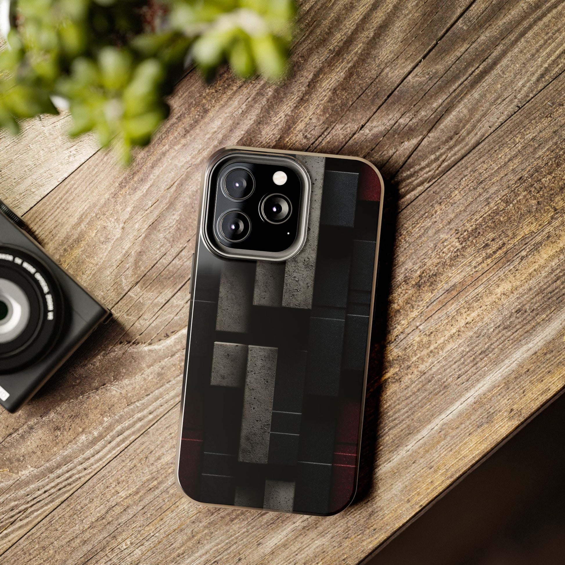 Concrete Matrix Tough Phone Case – Red & Black Brutalist Geometry - Artistic Vision