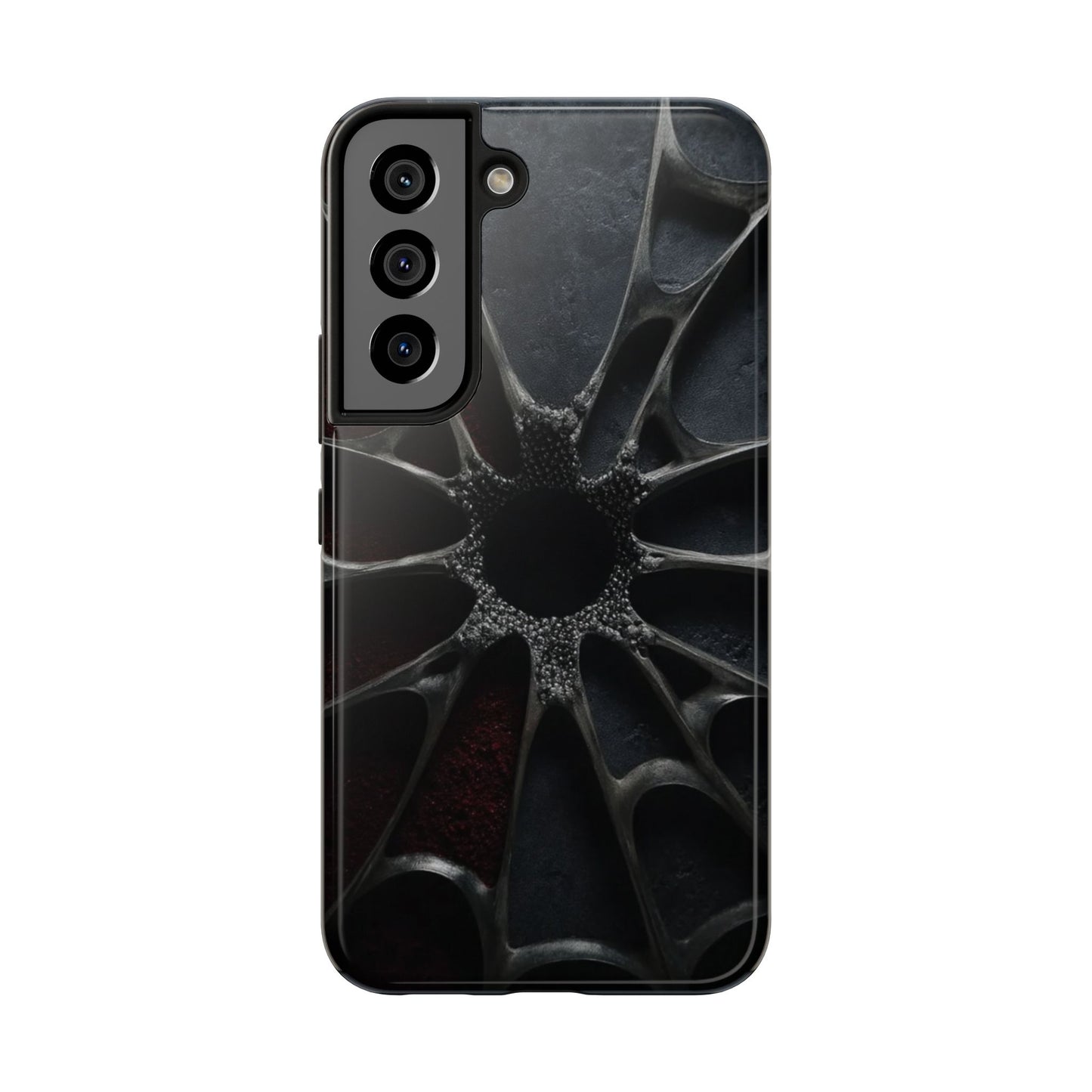Iron Bloom Tough Phone Case – Black Metallic Flowerburst on Red Texture - Artistic Vision