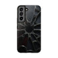 Iron Bloom Tough Phone Case – Black Metallic Flowerburst on Red Texture - Artistic Vision