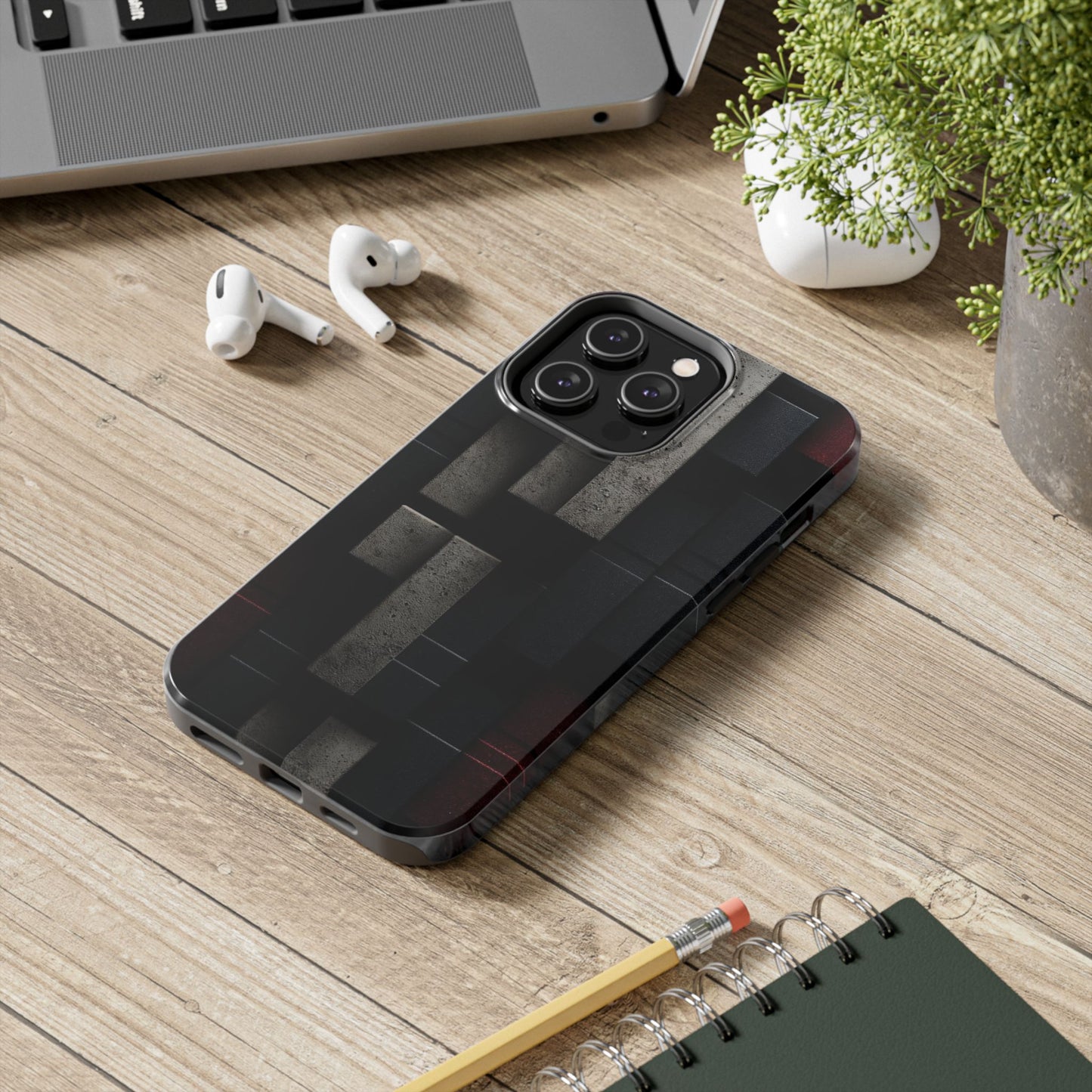 Concrete Matrix Tough Phone Case – Red & Black Brutalist Geometry - Artistic Vision