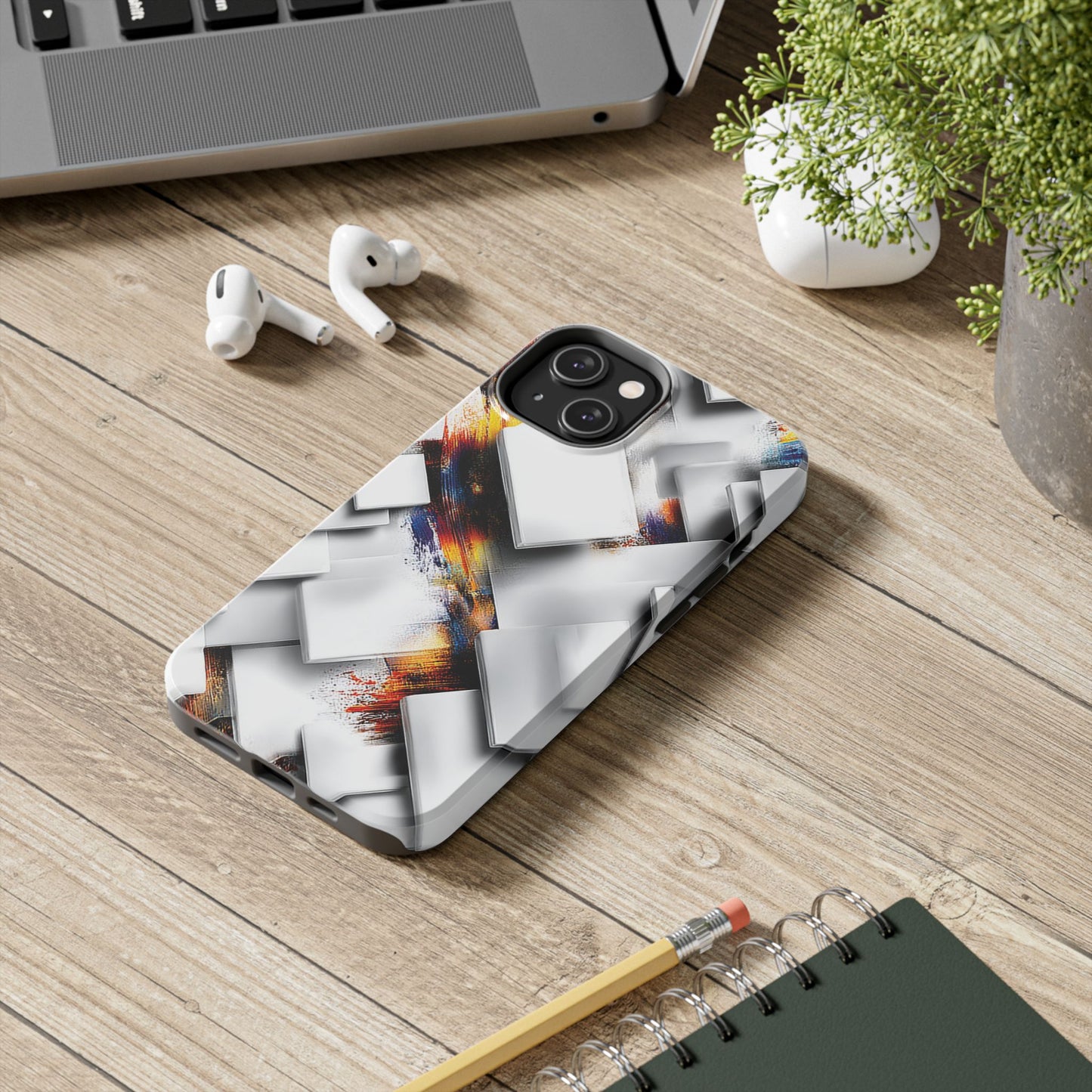 3D geometric phone case design with vibrant contrast