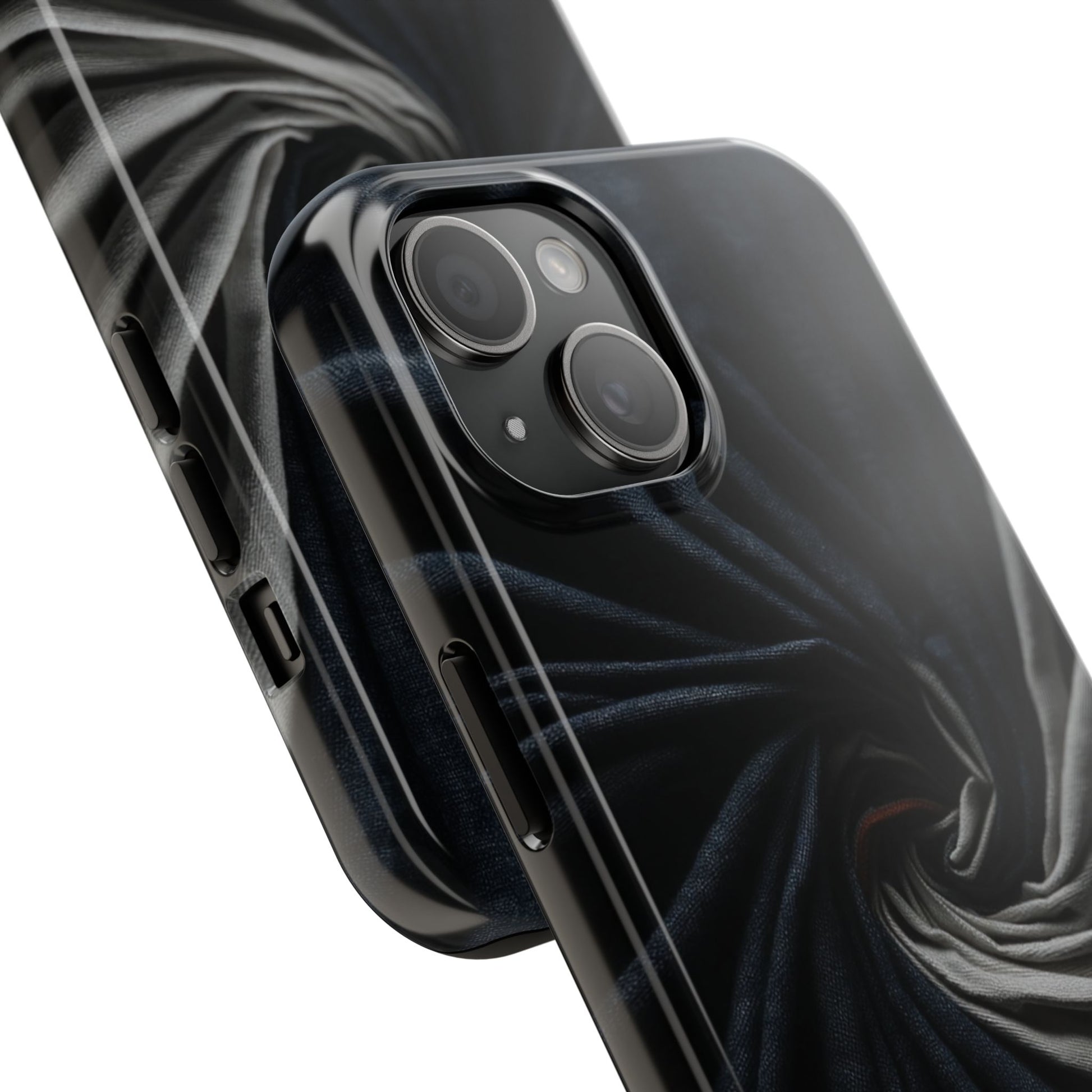 Velvet Spiral Tough Phone Case – Twisting Fabric Abstract in Black & Silver - Artistic Vision