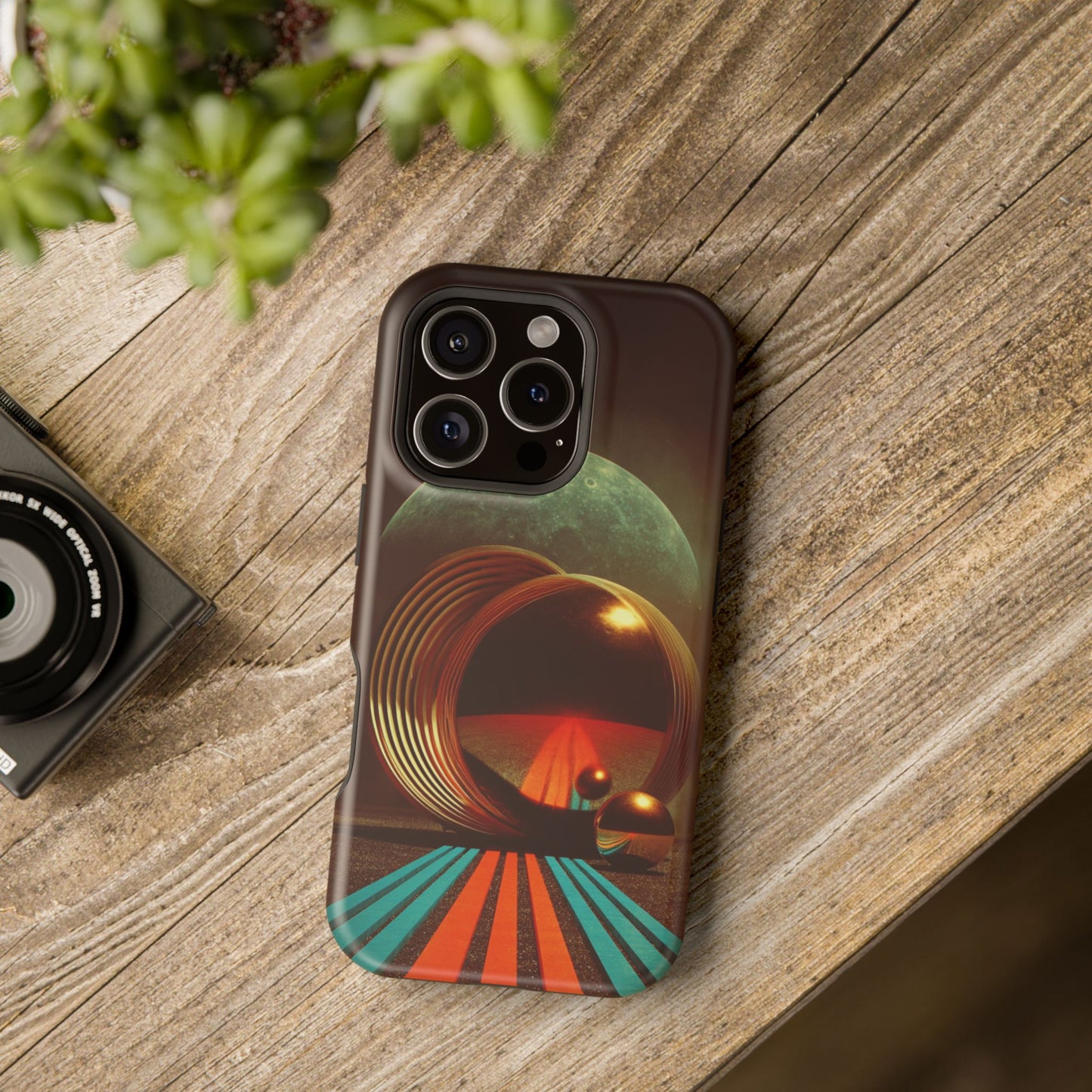 Lunar Echo (Golden Rings and Striped Cosmic Landscape with Moon Backdrop) - Artistic Impact-Resistant Phone Case - Artistic Vision