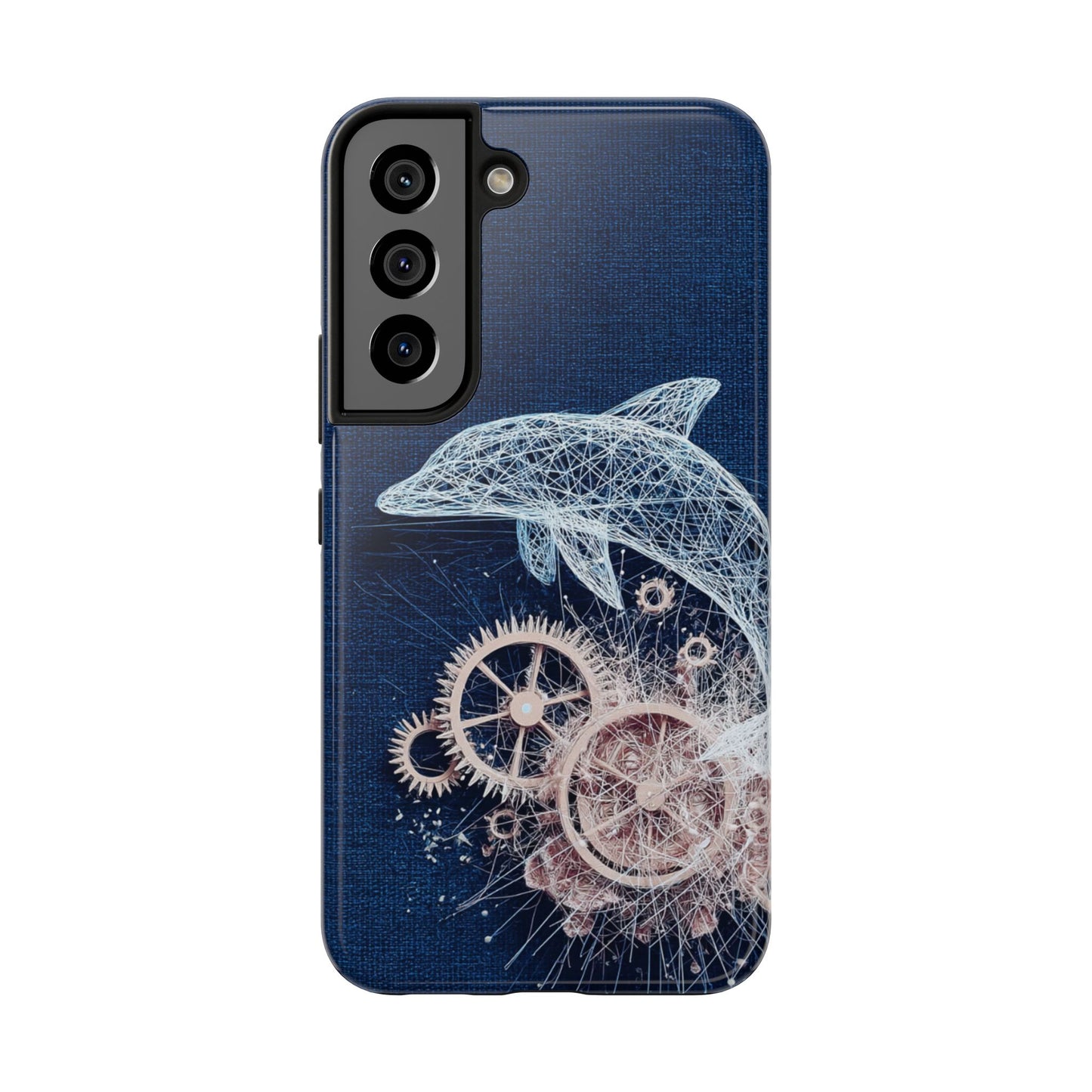 Dolphin and Gears Wireframe Phone Case – Nautical Steampunk Fusion Design - Artistic Vision