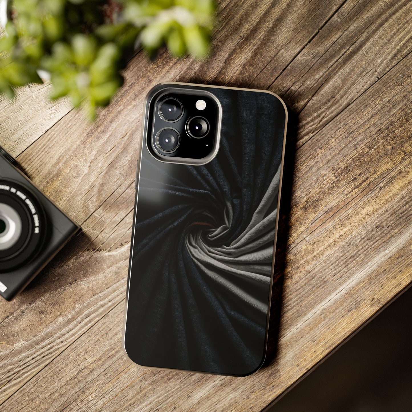 Velvet Spiral Tough Phone Case – Twisting Fabric Abstract in Black & Silver - Artistic Vision