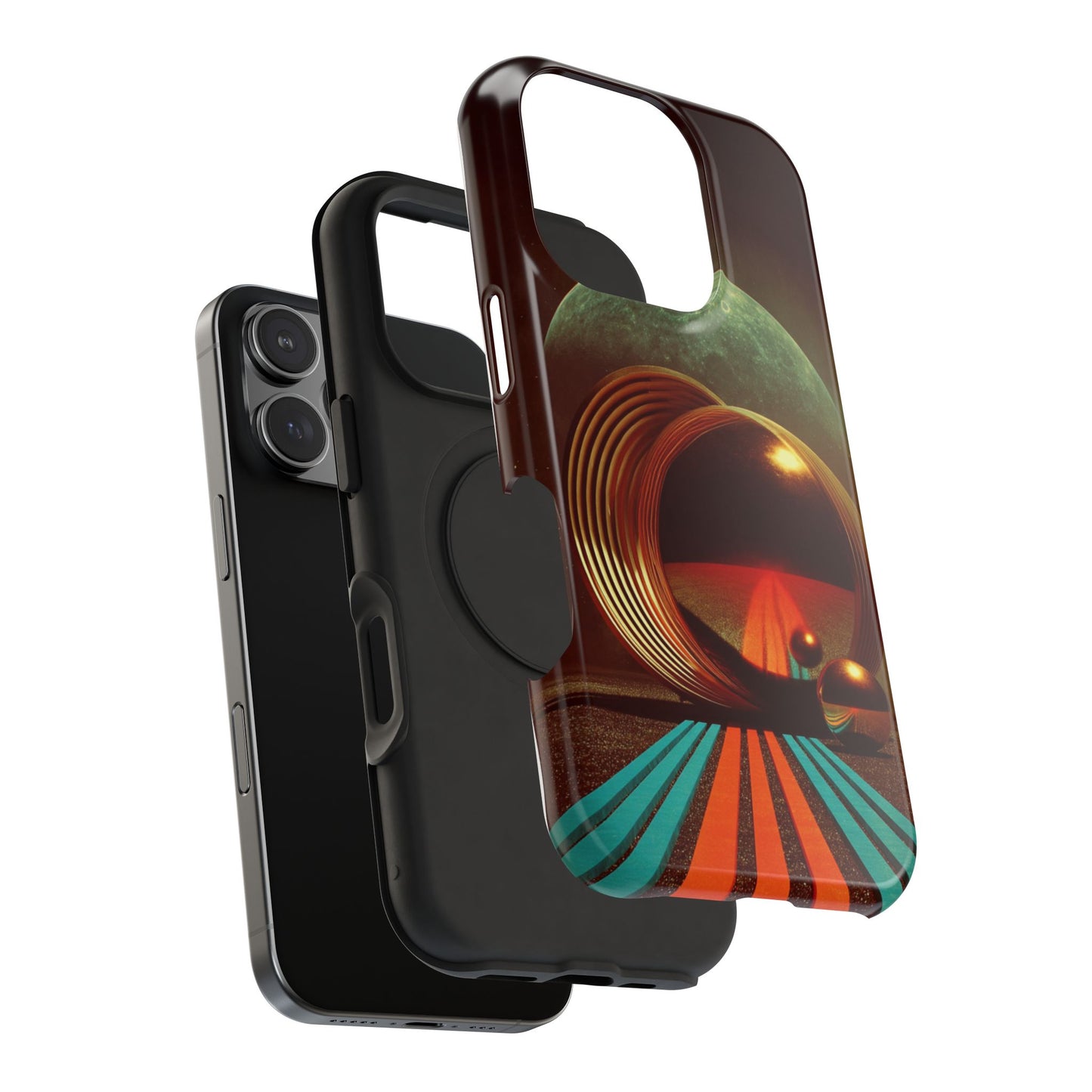 Lunar Echo (Golden Rings and Striped Cosmic Landscape with Moon Backdrop) - Artistic Impact-Resistant Phone Case - Artistic Vision