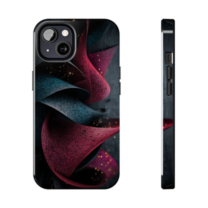 This phone case design features twisted abstract folds in deep crimson, teal, and black with a high-gloss finish.