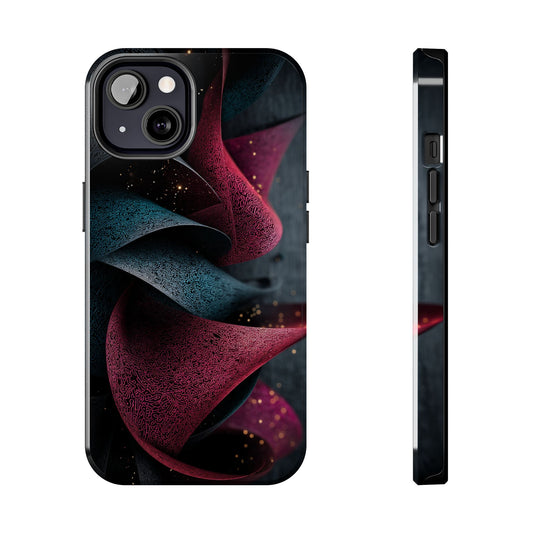 This phone case design features twisted abstract folds in deep crimson, teal, and black with a high-gloss finish.