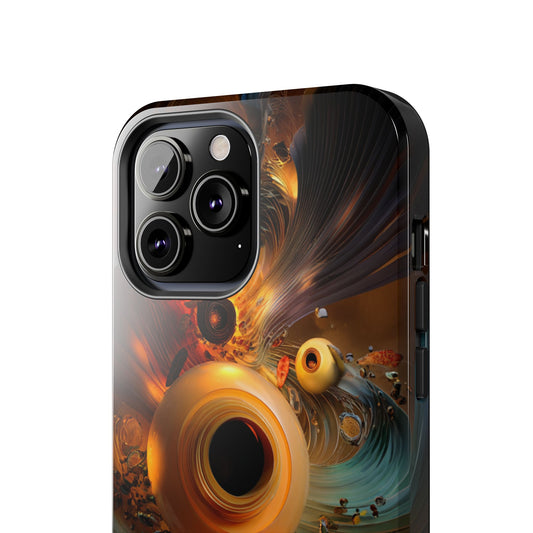 A close-up highlights the glossy surface and rich orange hues that radiate from the spherical centers.