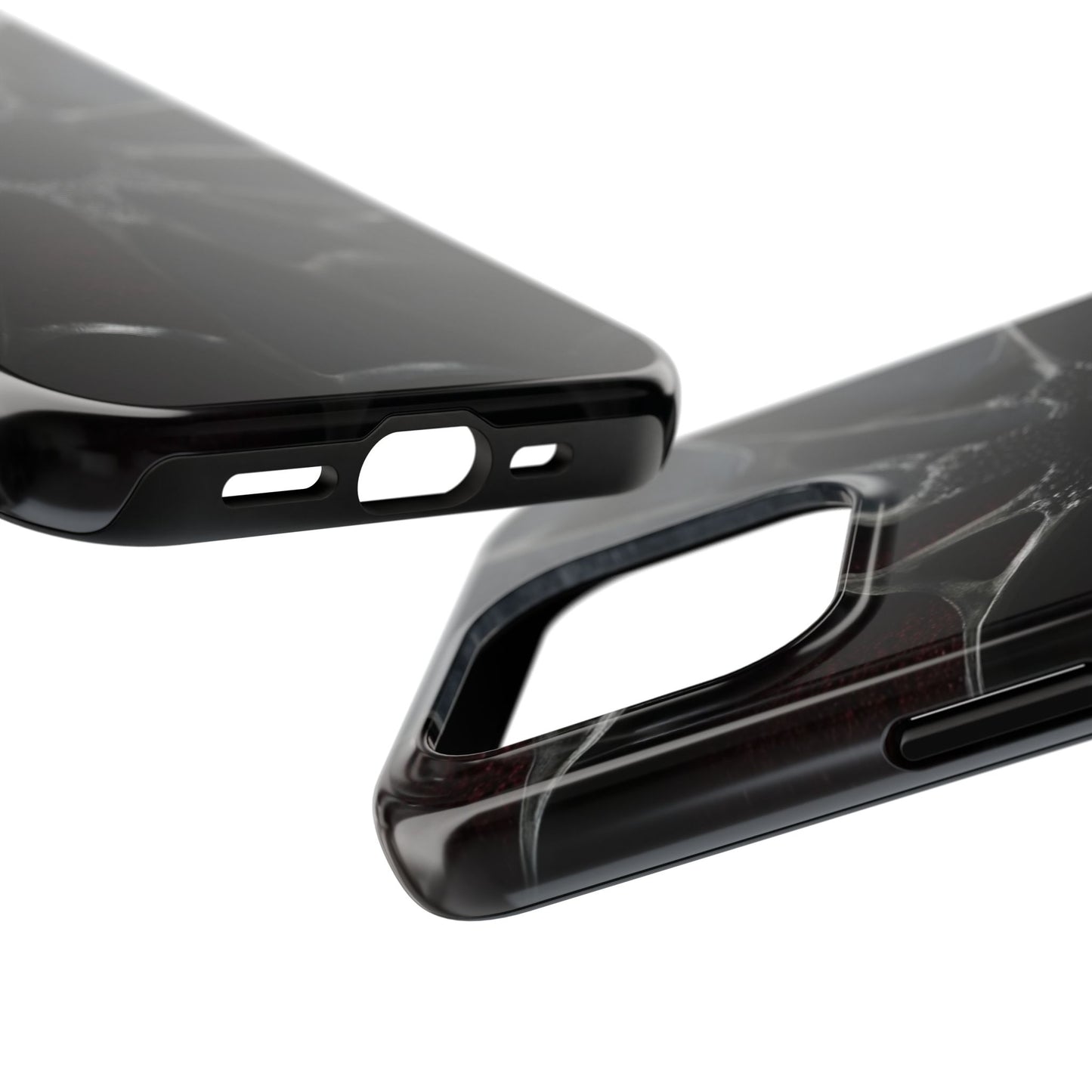 Iron Bloom Tough Phone Case – Black Metallic Flowerburst on Red Texture - Artistic Vision