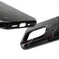 Iron Bloom Tough Phone Case – Black Metallic Flowerburst on Red Texture - Artistic Vision