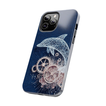 Dolphin and Gears Wireframe Phone Case – Nautical Steampunk Fusion Design - Artistic Vision
