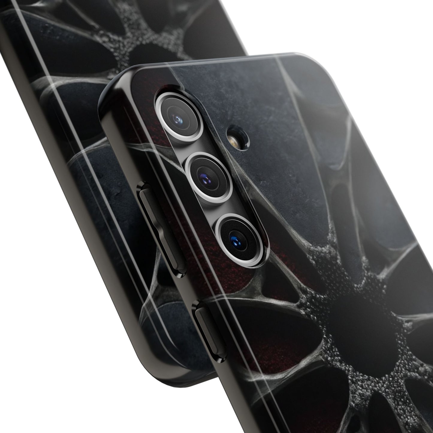 Iron Bloom Tough Phone Case – Black Metallic Flowerburst on Red Texture - Artistic Vision