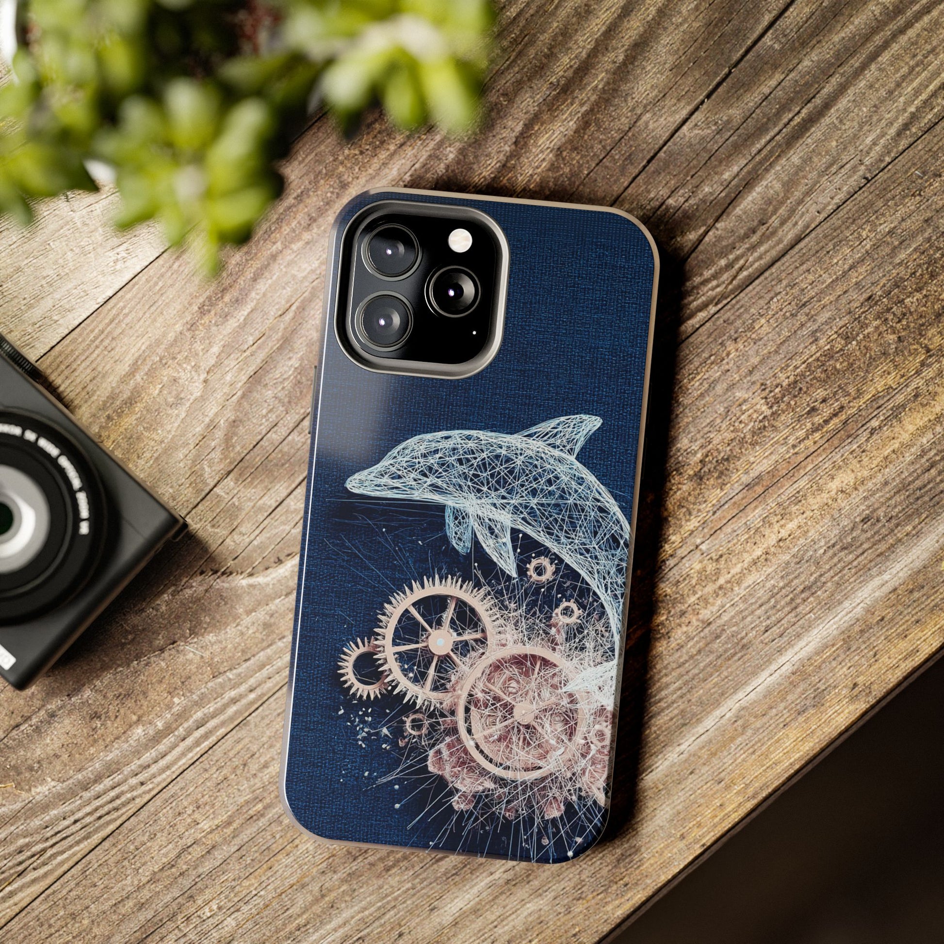 Dolphin and Gears Wireframe Phone Case – Nautical Steampunk Fusion Design - Artistic Vision