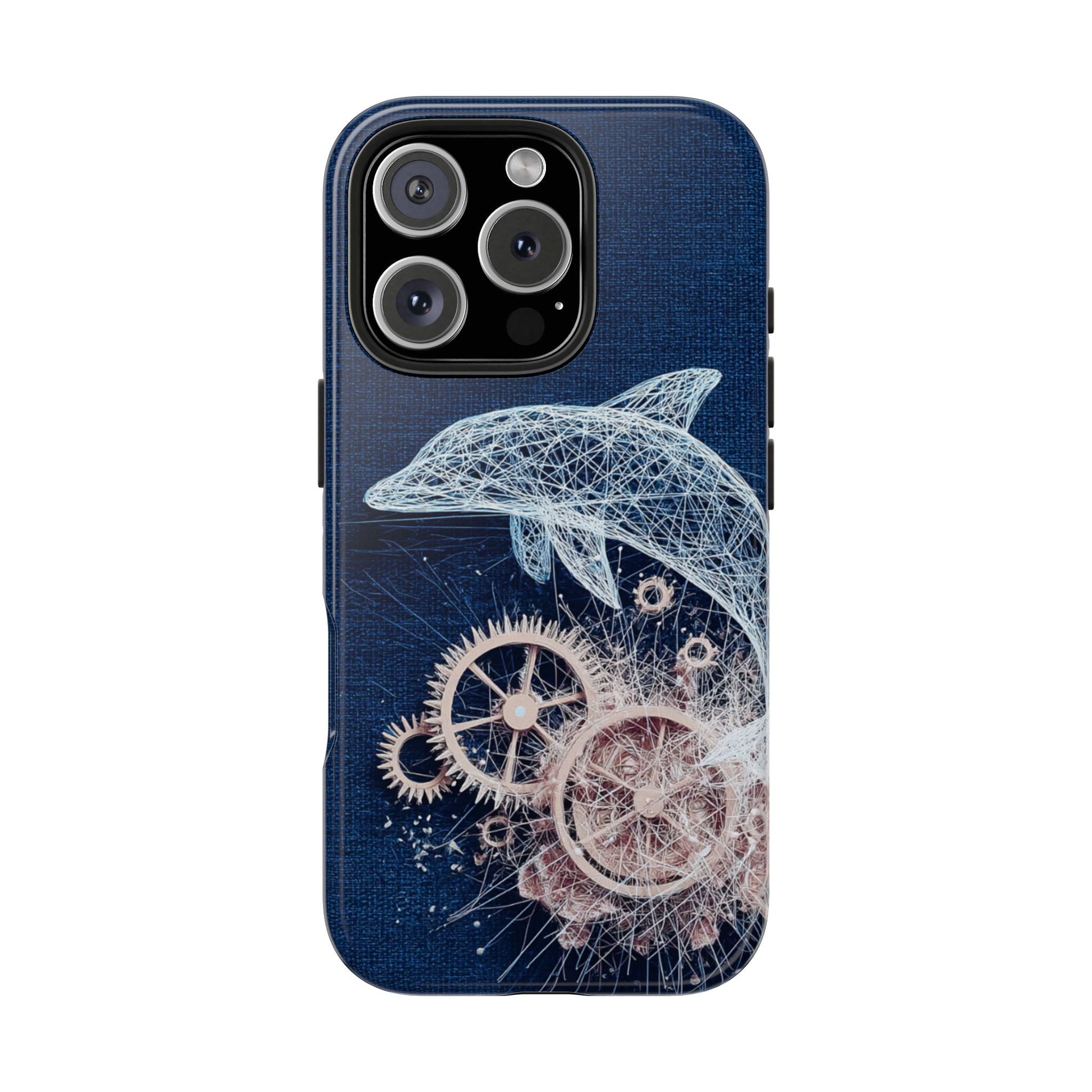 Dolphin and Gears Wireframe Phone Case – Nautical Steampunk Fusion Design - Artistic Vision