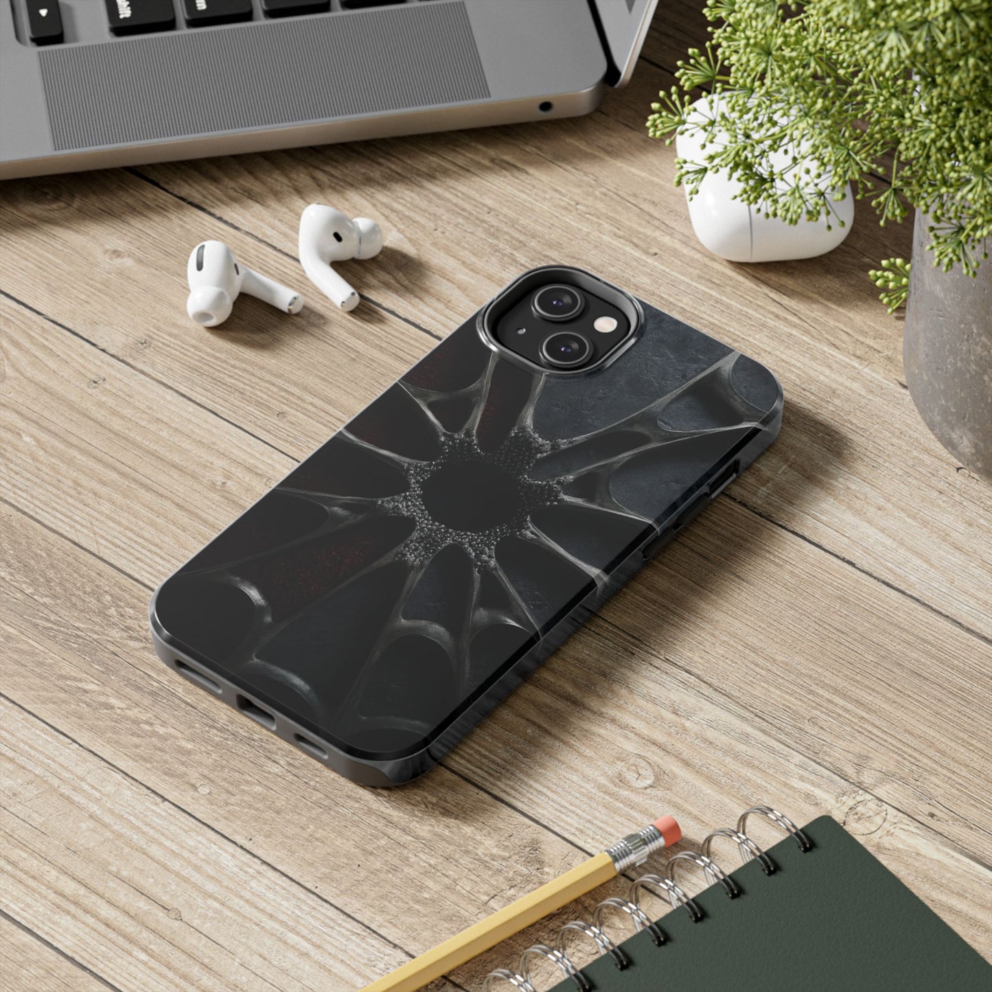 Iron Bloom Tough Phone Case – Black Metallic Flowerburst on Red Texture - Artistic Vision