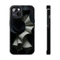 This phone case features a sculptural design with folded cream ribbons and black roses on a textured dark background.