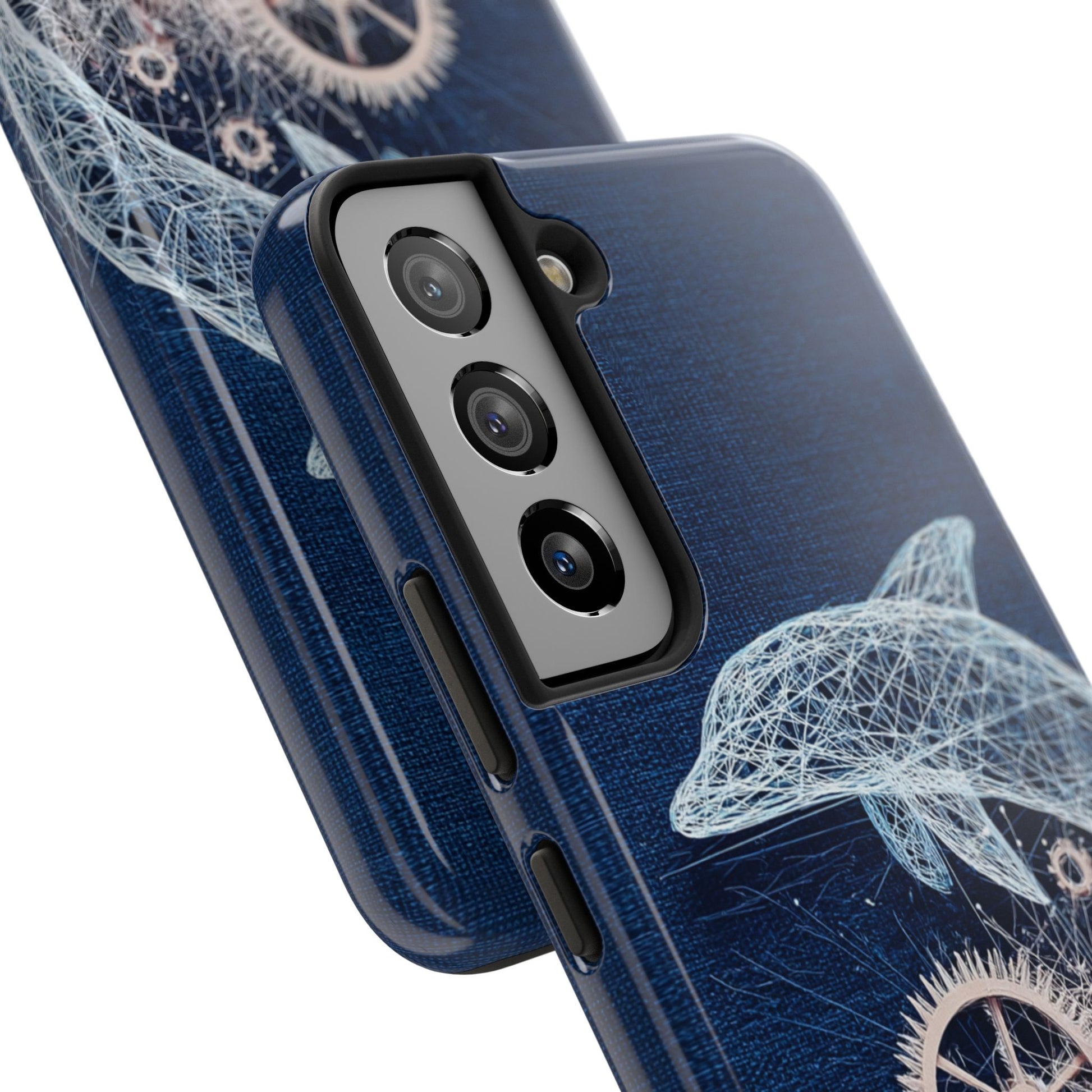 Dolphin and Gears Wireframe Phone Case – Nautical Steampunk Fusion Design - Artistic Vision