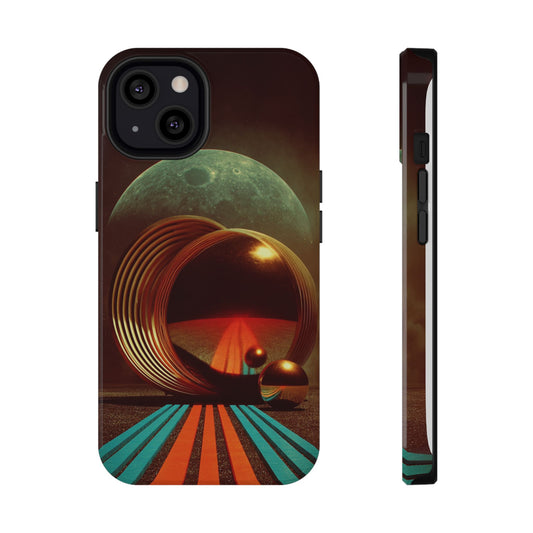 Lunar Echo (Golden Rings and Striped Cosmic Landscape with Moon Backdrop) - Artistic Impact-Resistant Phone Case - Artistic Vision