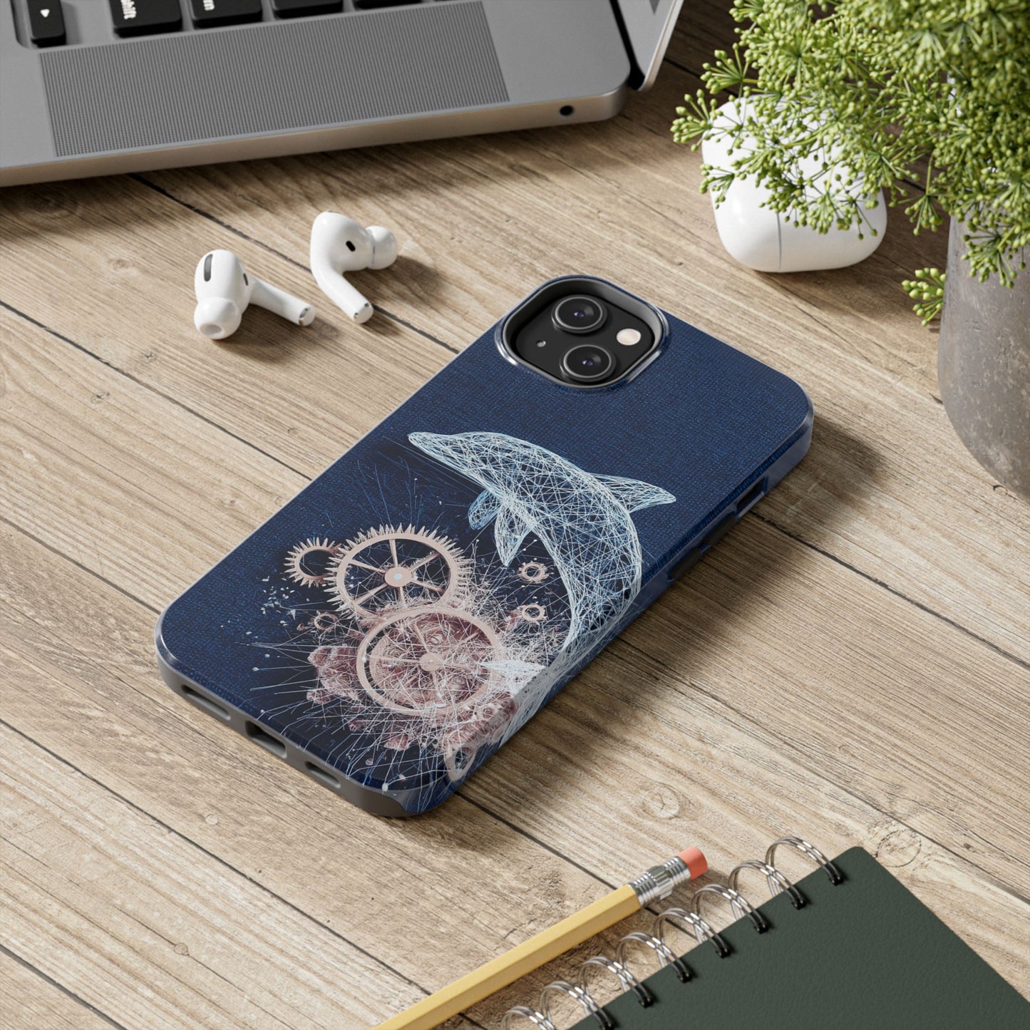 Dolphin and Gears Wireframe Phone Case – Nautical Steampunk Fusion Design - Artistic Vision