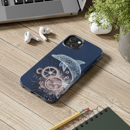 Dolphin and Gears Wireframe Phone Case – Nautical Steampunk Fusion Design - Artistic Vision