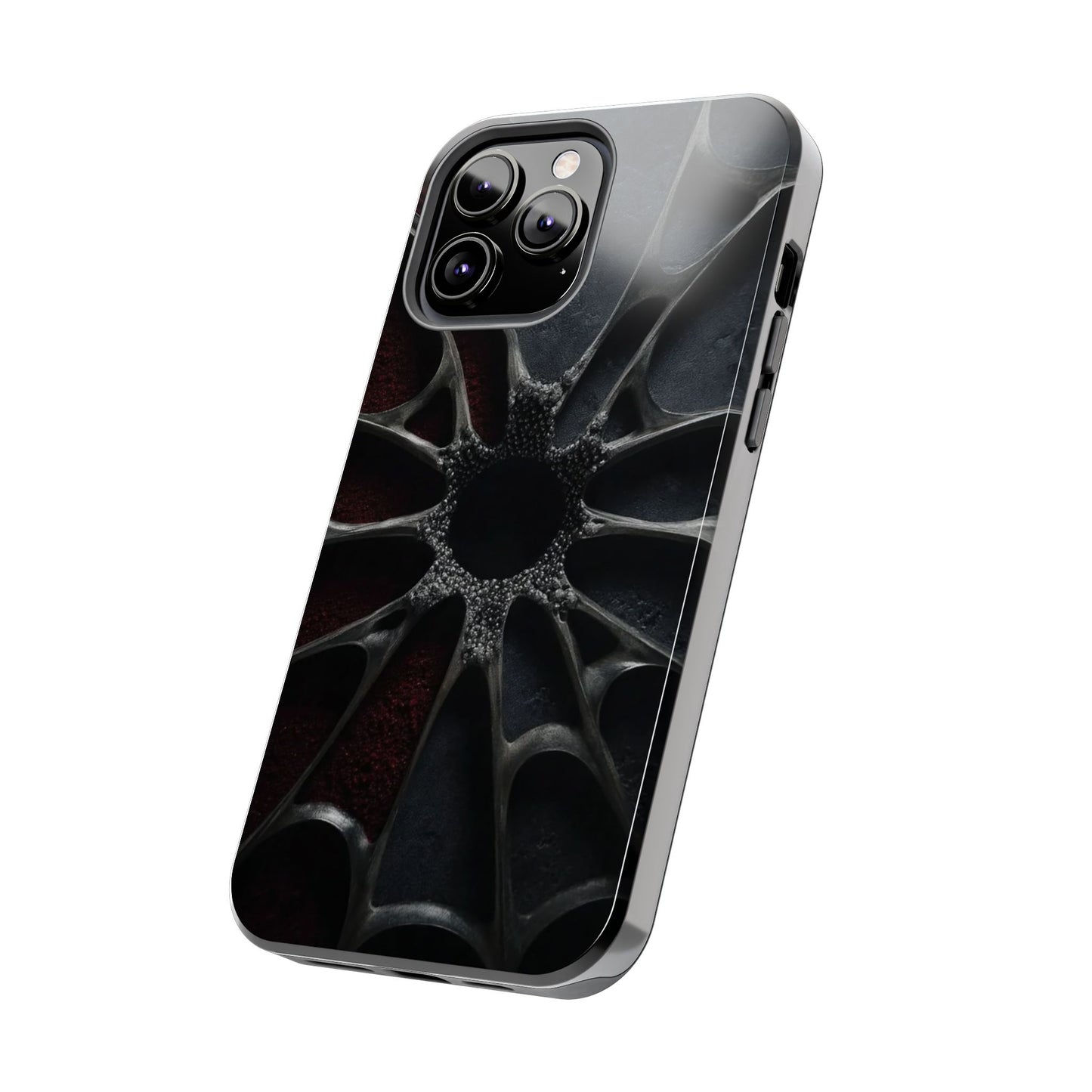Iron Bloom Tough Phone Case – Black Metallic Flowerburst on Red Texture - Artistic Vision