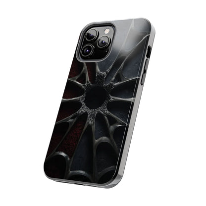 Iron Bloom Tough Phone Case – Black Metallic Flowerburst on Red Texture - Artistic Vision