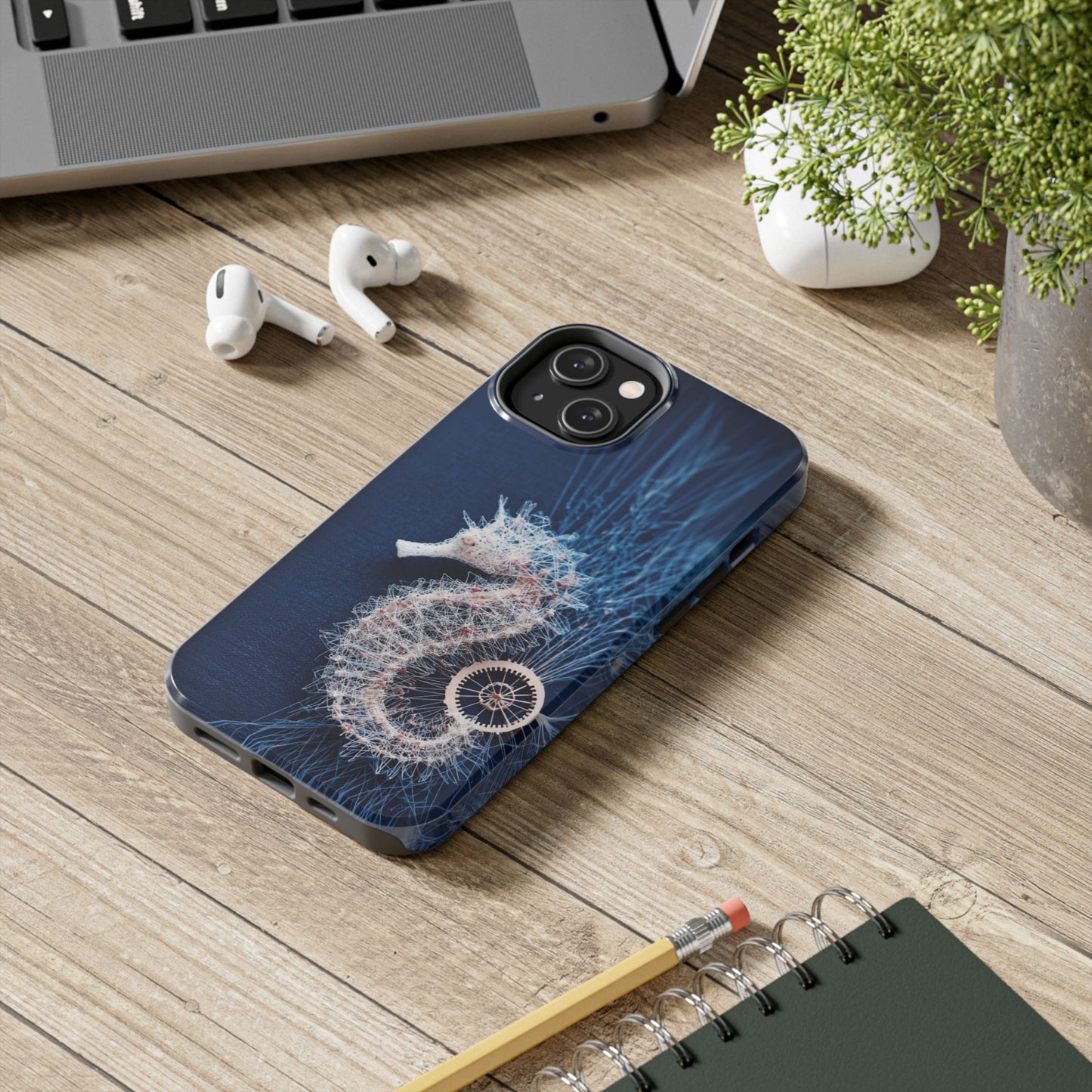 Seahorse Coral Wireframe Phone Case – Elegant Ocean Creature Design - Artistic Vision