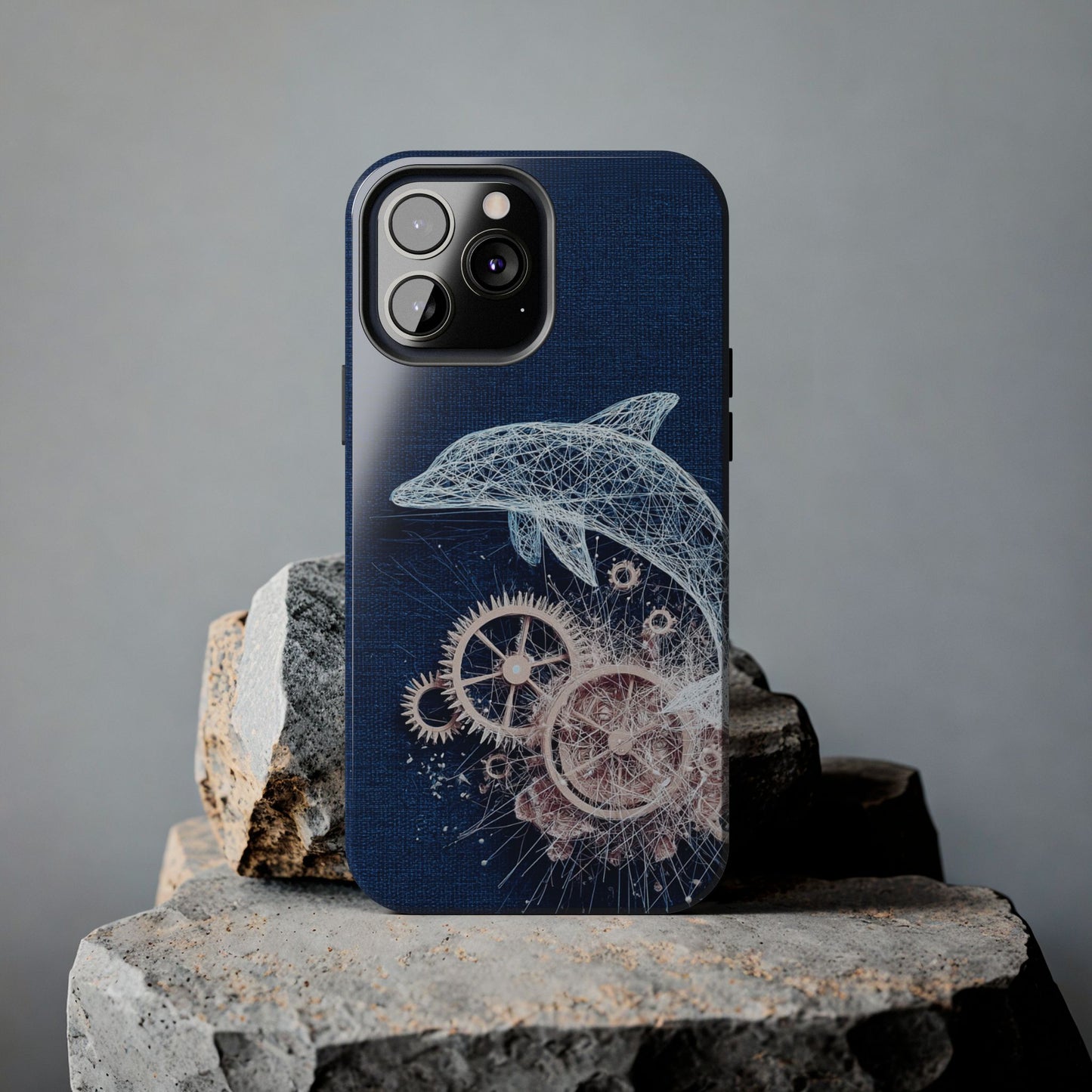Dolphin and Gears Wireframe Phone Case – Nautical Steampunk Fusion Design - Artistic Vision