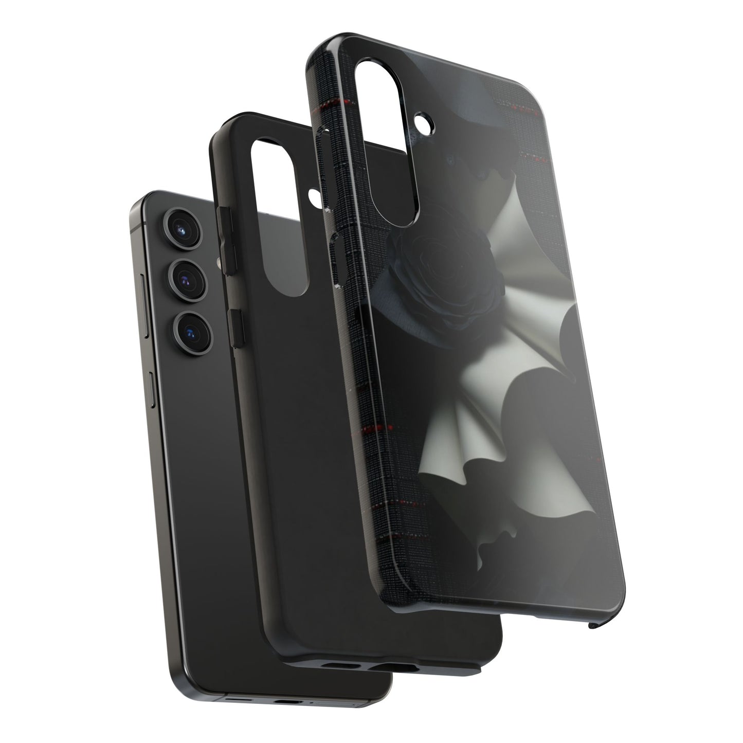 Noir Petal Fold (Black Roses with Sculptural Cream and Charcoal Ribbons) - Gothic Artistic Tough Phone Case - Artistic Vision