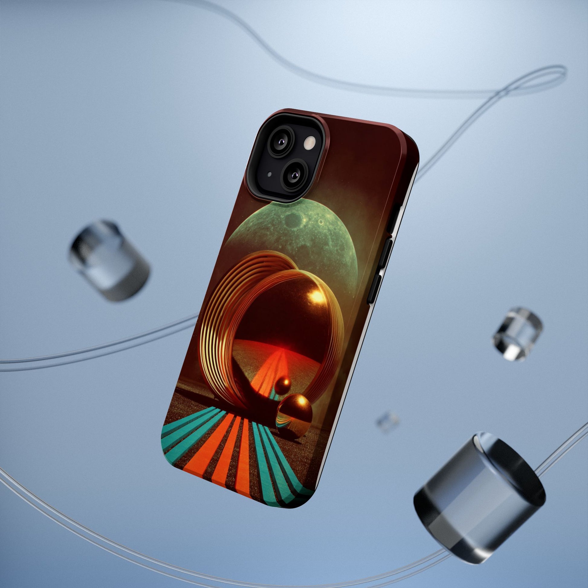 Lunar Echo (Golden Rings and Striped Cosmic Landscape with Moon Backdrop) - Artistic Impact-Resistant Phone Case - Artistic Vision