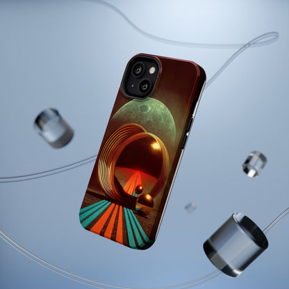 Lunar Echo (Golden Rings and Striped Cosmic Landscape with Moon Backdrop) - Artistic Impact-Resistant Phone Case - Artistic Vision